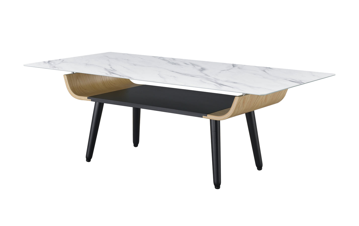 Modern White Marble Texture Glass Coffee Table with Bent Wood Design