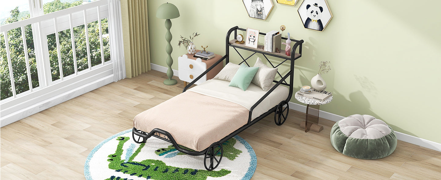 Twin Size Metal Car Bed with Four Wheels, Guardrails and  X-Shaped Frame Shelf, Black(: MF297599AAB)