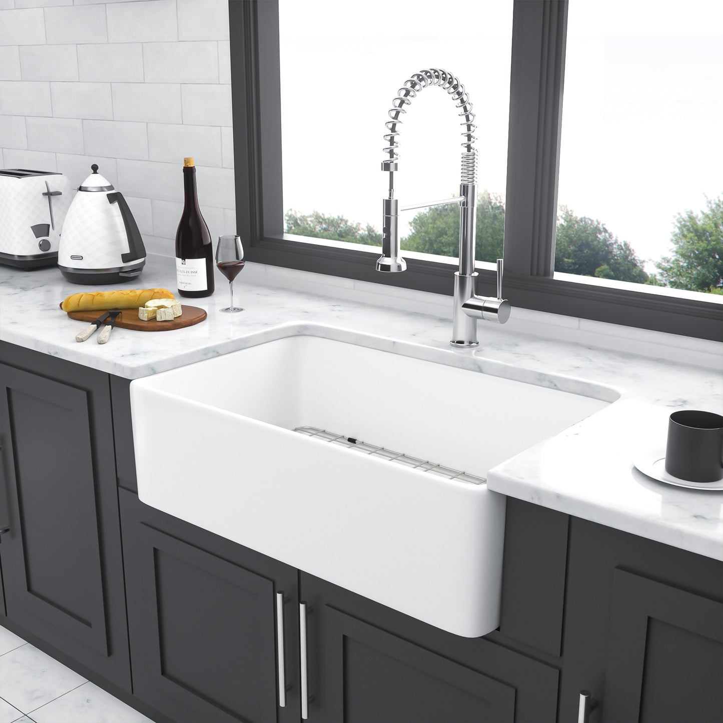 White Ceramic Farmhouse Kitchen Sink with Deep Apron Front