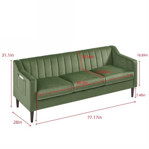 Mid Century Modern Chesterfield sofa couch, Comfortable Upholstered sofa with Velvet Fabric and Wooden Frame and Wood Legs for Living Room/Bed Room/Office Green --3 Seats