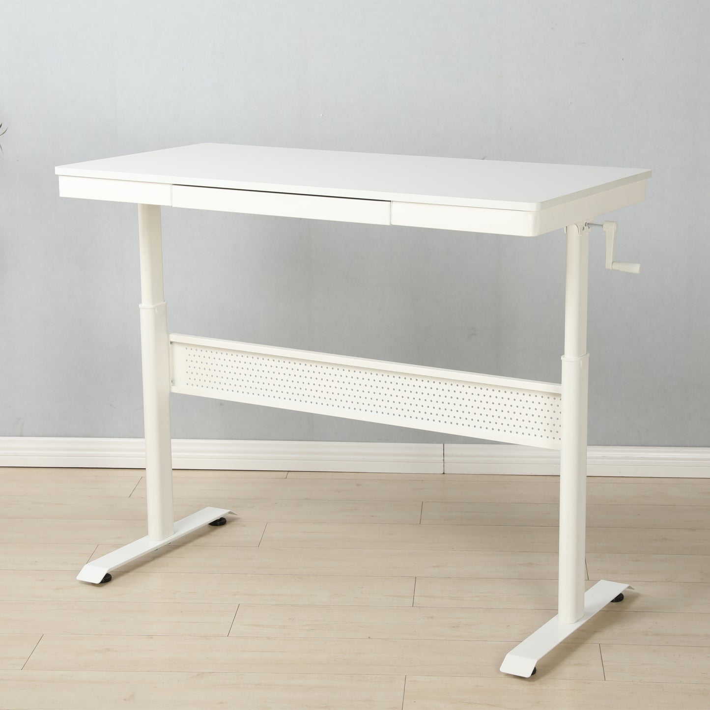 Adjustable Height White Standing Desk with Metal Drawer