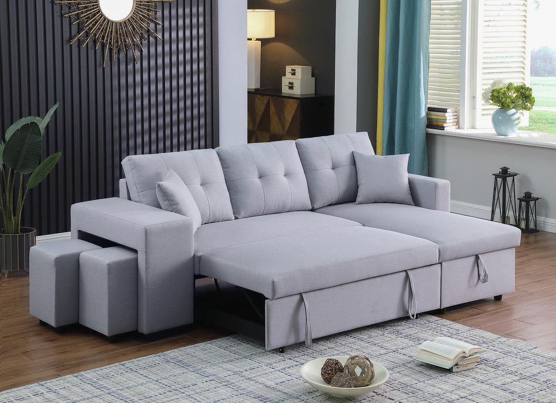 Dennis Light Gray Linen Fabric Reversible Sleeper Sectional with Storage Chaise, Stools, Throw Pillows