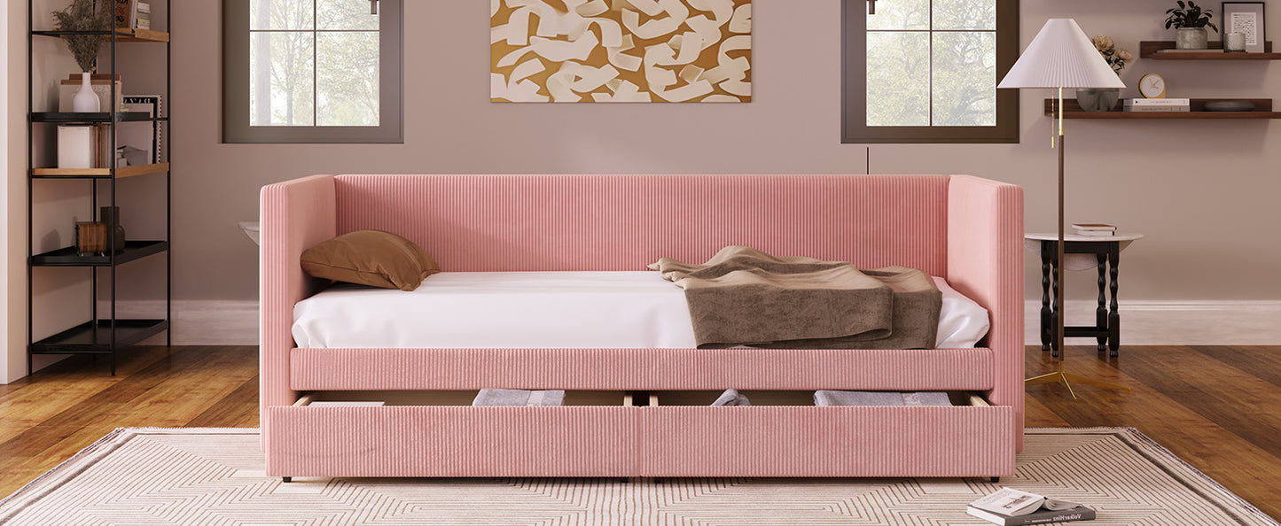 Twin Size Corduroy Daybed with Two Drawers and Wood Slat, Pink