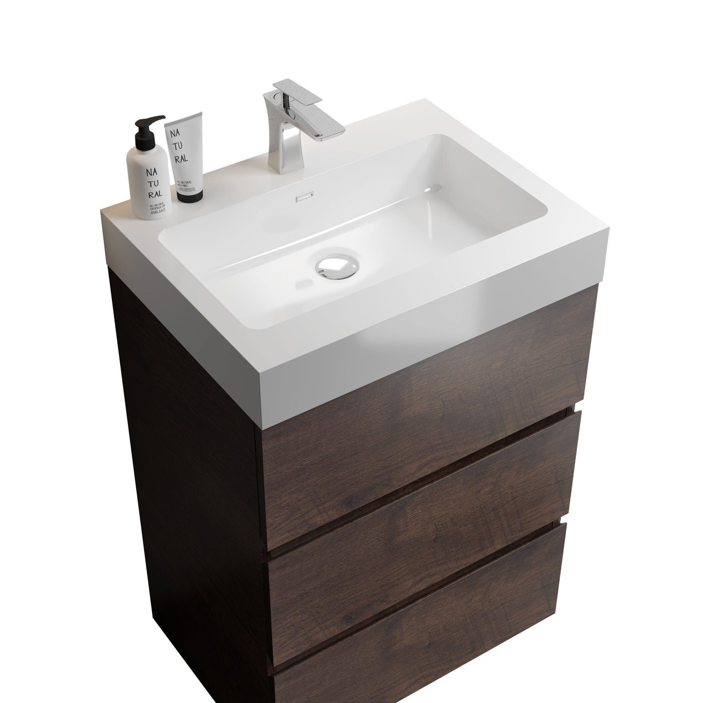 Alice 24" Walnut Bathroom Vanity with Sink, Large Storage Freestanding Bathroom Vanity for Modern Bathroom, One-Piece White Sink Basin without Drain and Faucet