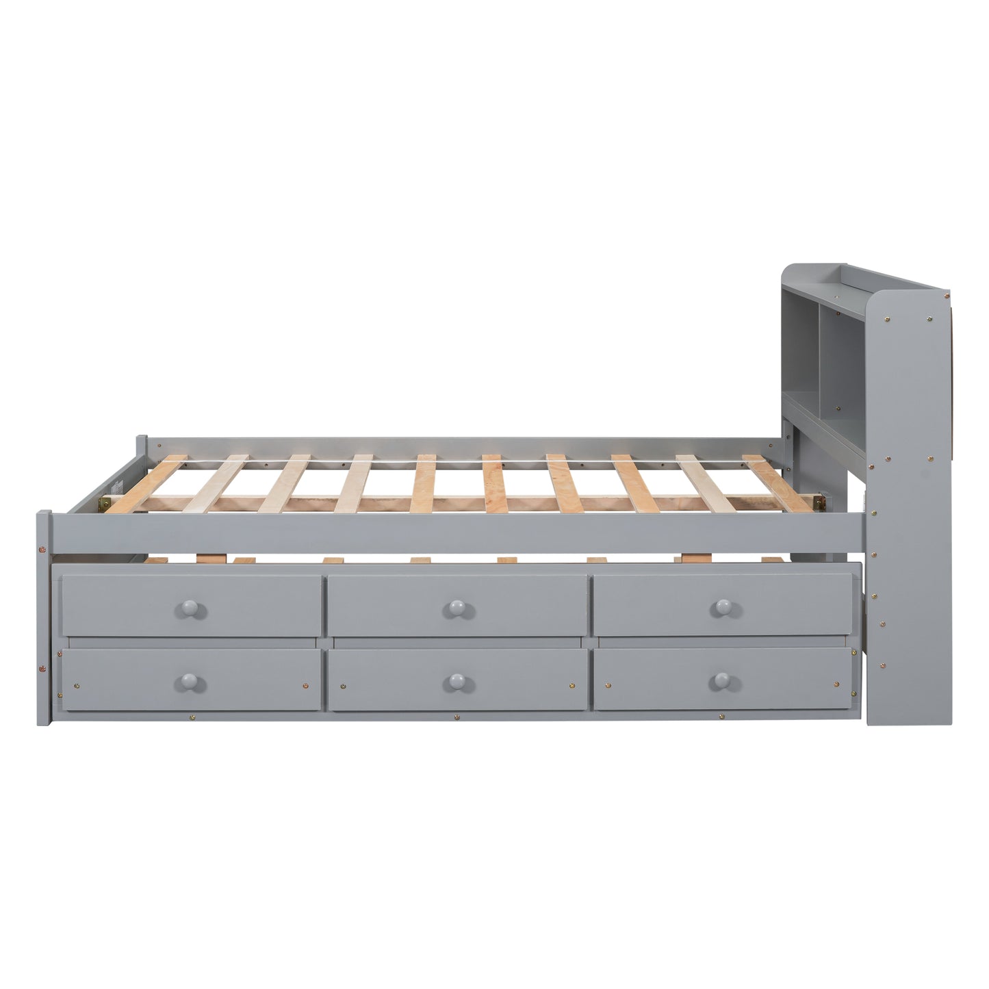 Full Size Bed with USB & Type-C Ports, LED light, Bookcase Headboard, Trundle and 3 Storage Drawers , Full Size Size Bed with  Bookcase Headboard, Trundle and Storage drawers ,Grey