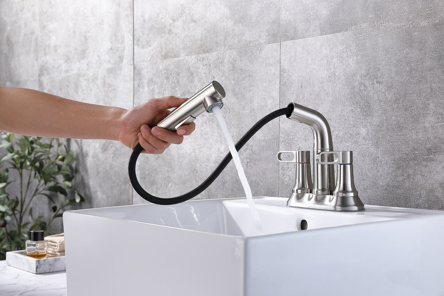 Centerset Brushed Nickel Bathroom Faucet with Pull Out Sprayer