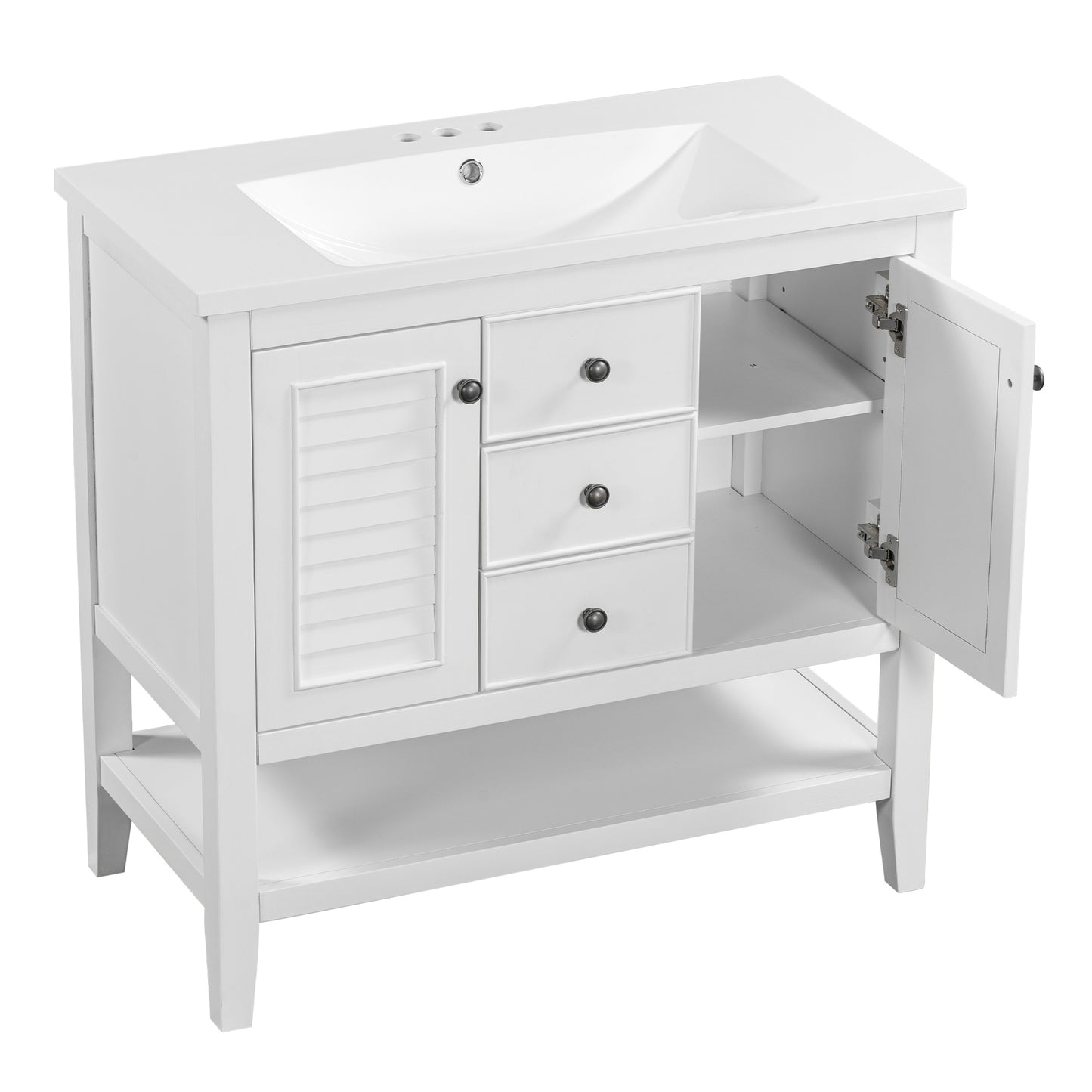 36" Bathroom Vanity with Ceramic Basin, Two Cabinets and Drawers, Open Shelf, Solid Wood Frame, White