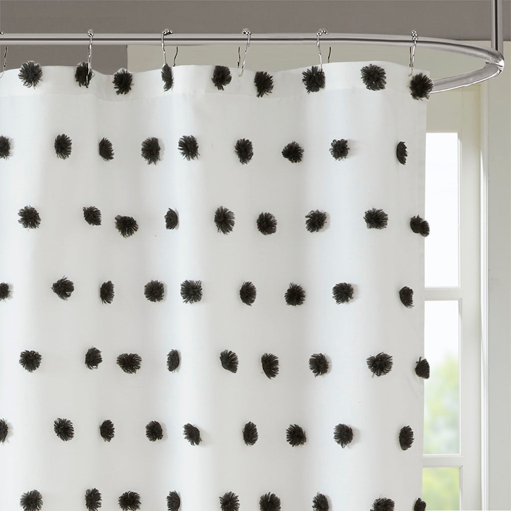 Black Cotton Shower Curtain with Soft Black Pom Pom Design