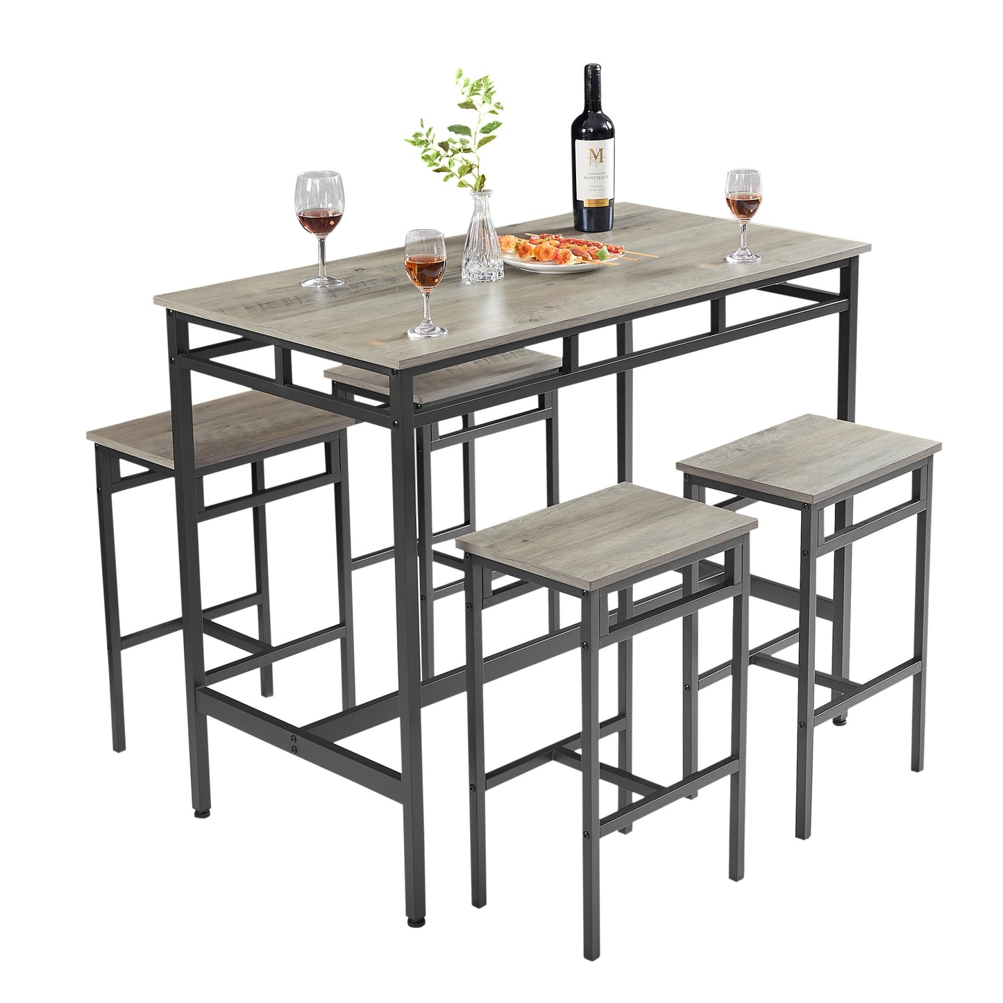 Bar table set 5PC Dinging table set with high stools, structural strengthening, industrial style. Grey, 43.31'' L x 23.62'' W x 35.43'' H.