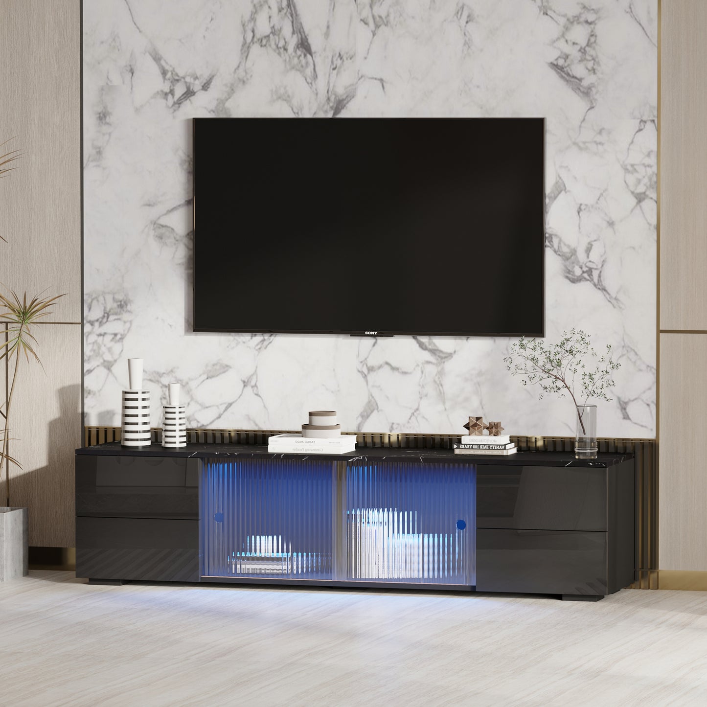 Black 65-Inch LED TV Stand with UV Drawer Panels and Remote Control Lights