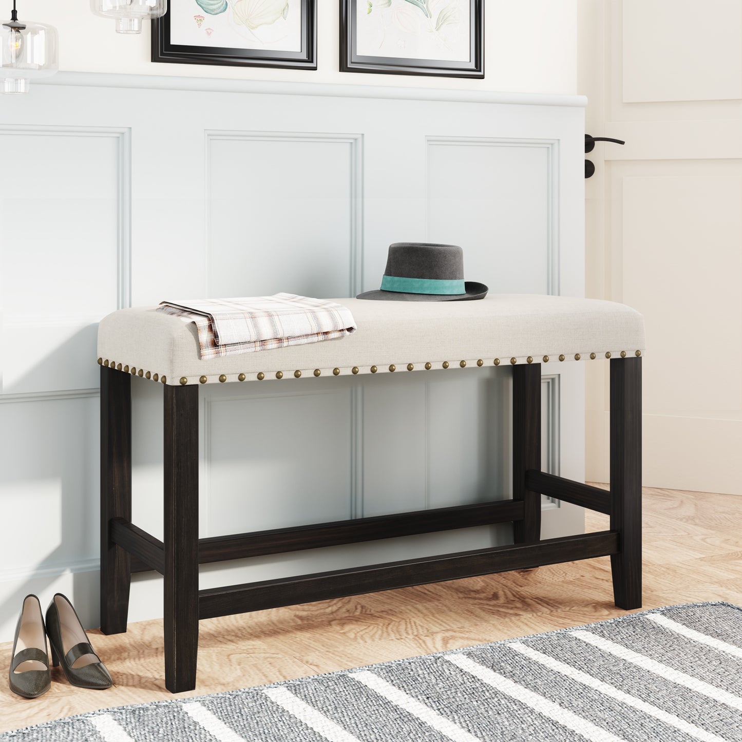 3 Pieces Rustic Wooden Counter Height Dining Table Set with 2 Upholstered Benches for Small Places, Espresso+ Beige