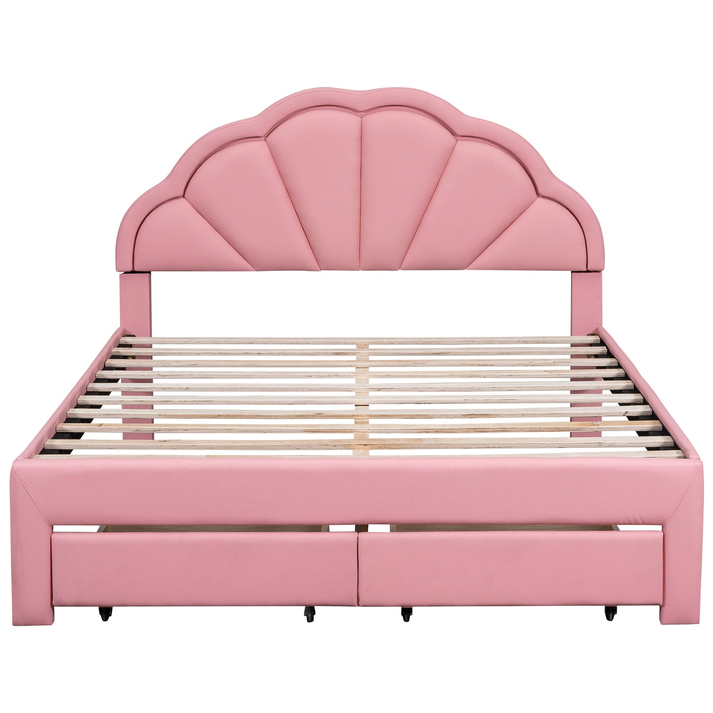 Queen Size Upholstered Platform Bed with Seashell Shaped Headboard, LED and 2 Drawers, Pink