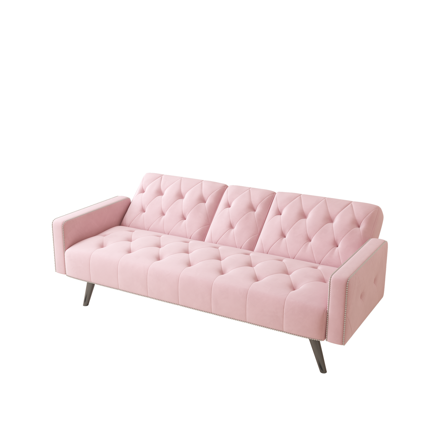 72 Pink Velvet Sofa Bed with Nail Head Trim and Two Cup Holders for Small Spaces