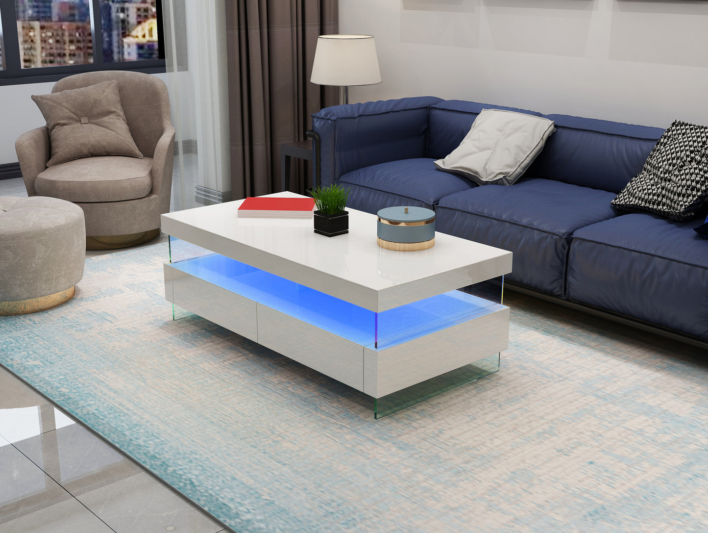 Ria LED Coffee Table with Glossy White Finish and Glass Legs