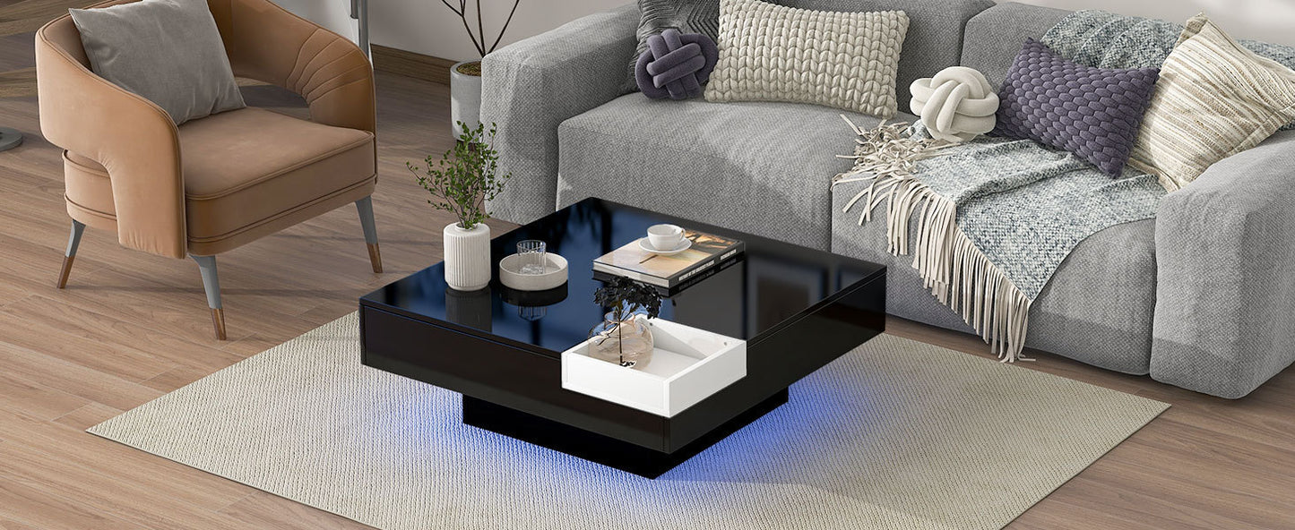 Chic Minimalist Square Coffee Table with LED Strip Lights and Tray