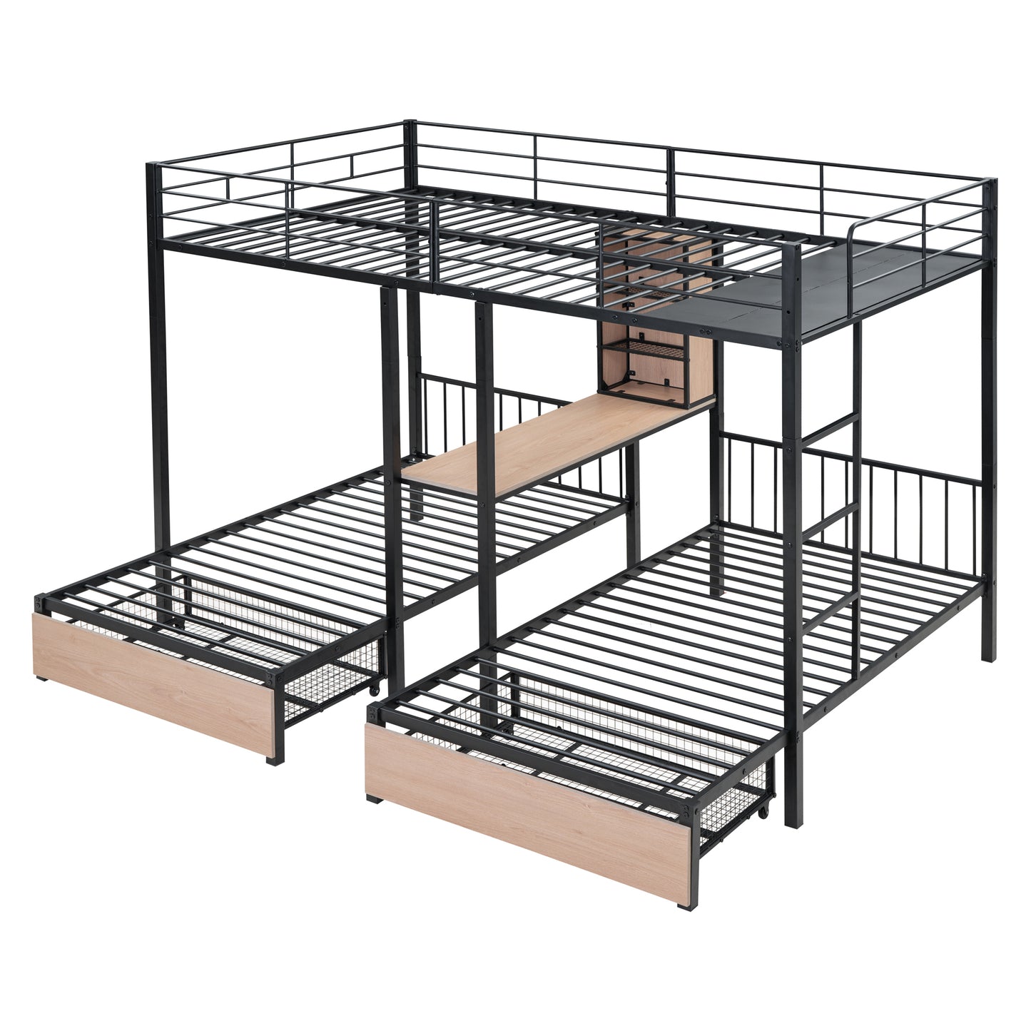 Full Over Twin & Twin Bunk Bed with Desks, Shelves, and Drawers in Black Metal Frame