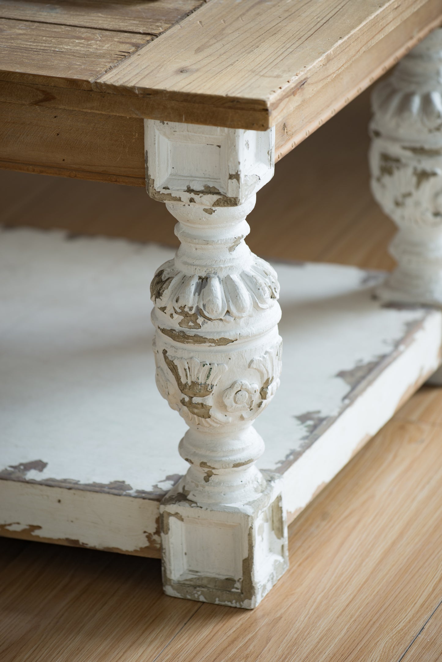 French Country Wooden Coffee Table with Ornate Legs and Storage Shelf