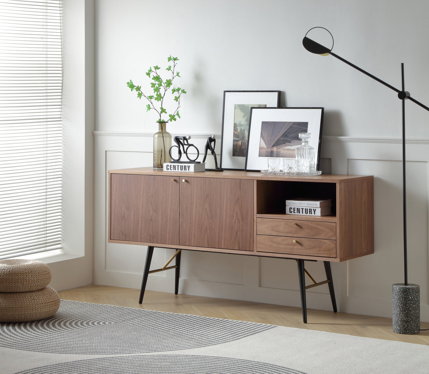 Versatile Modern Walnut Sideboard Buffet with Ample Storage and Waterproof Surface