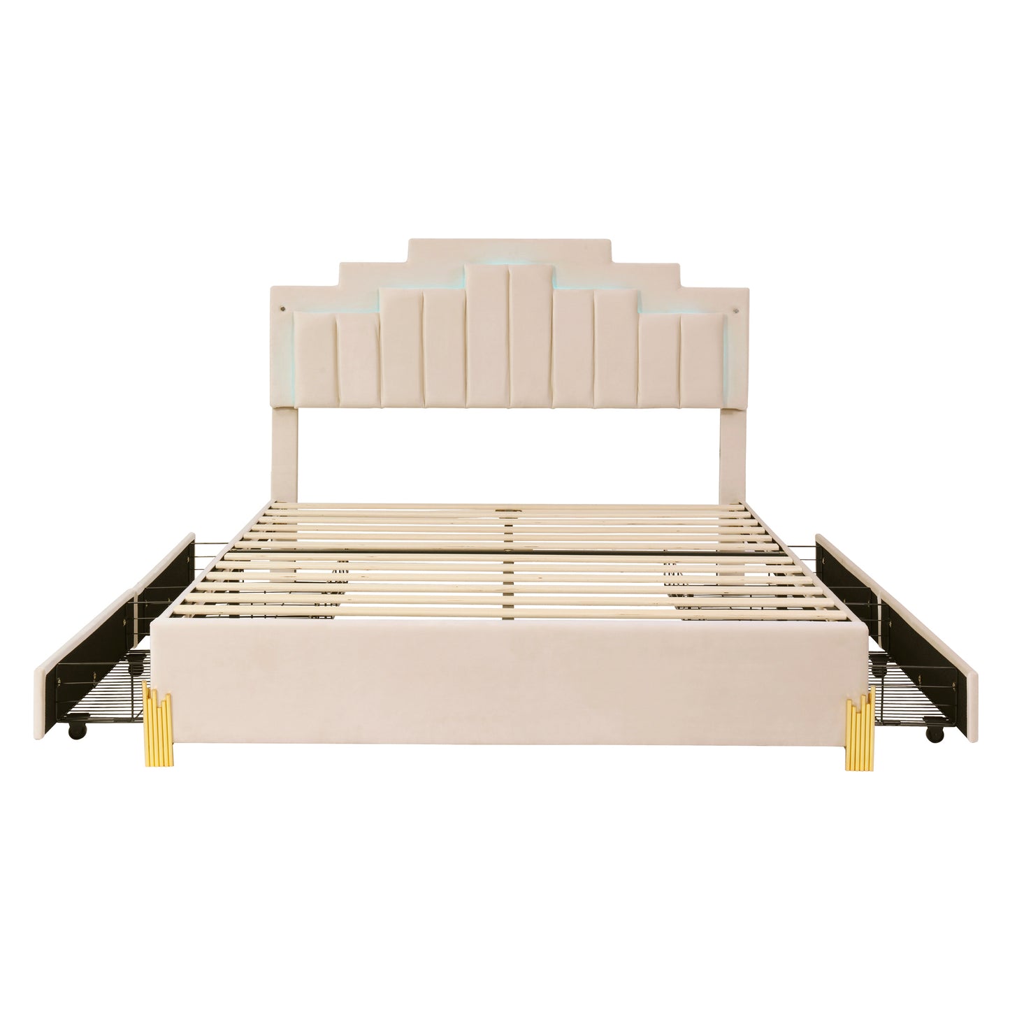 Queen Size Upholstered Platform Bed with LED Lights and 4 Drawers, Stylish Irregular Metal Bed Legs Design, Beige