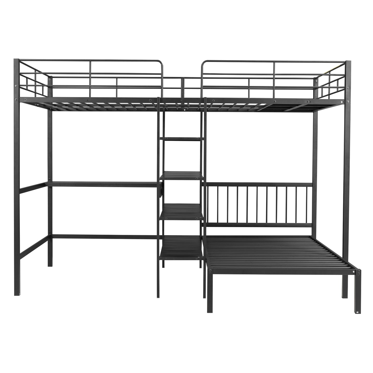 Black Metal Bunk Bed with Desk, Shelves, and Ladder