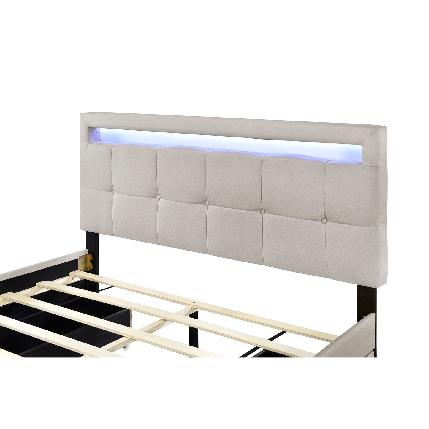 Queen Size Upholstered Platform Bed with LED Frame and 4 Drawers, Linen Fabric, Beige