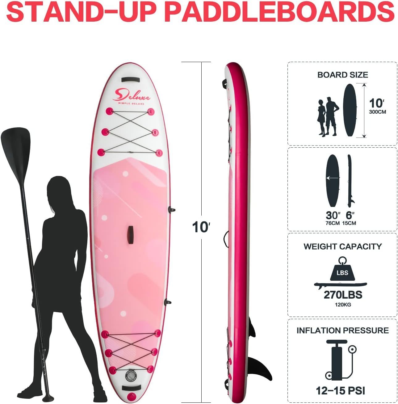 Inflatable Stand Up Paddle Board – Simple Deluxe Premium SUP for All Skill Levels, Pink Paddle Boards for Adults & Youth, Blow Up Stand-Up Paddleboards with Accessories & Backpack, Surf Control