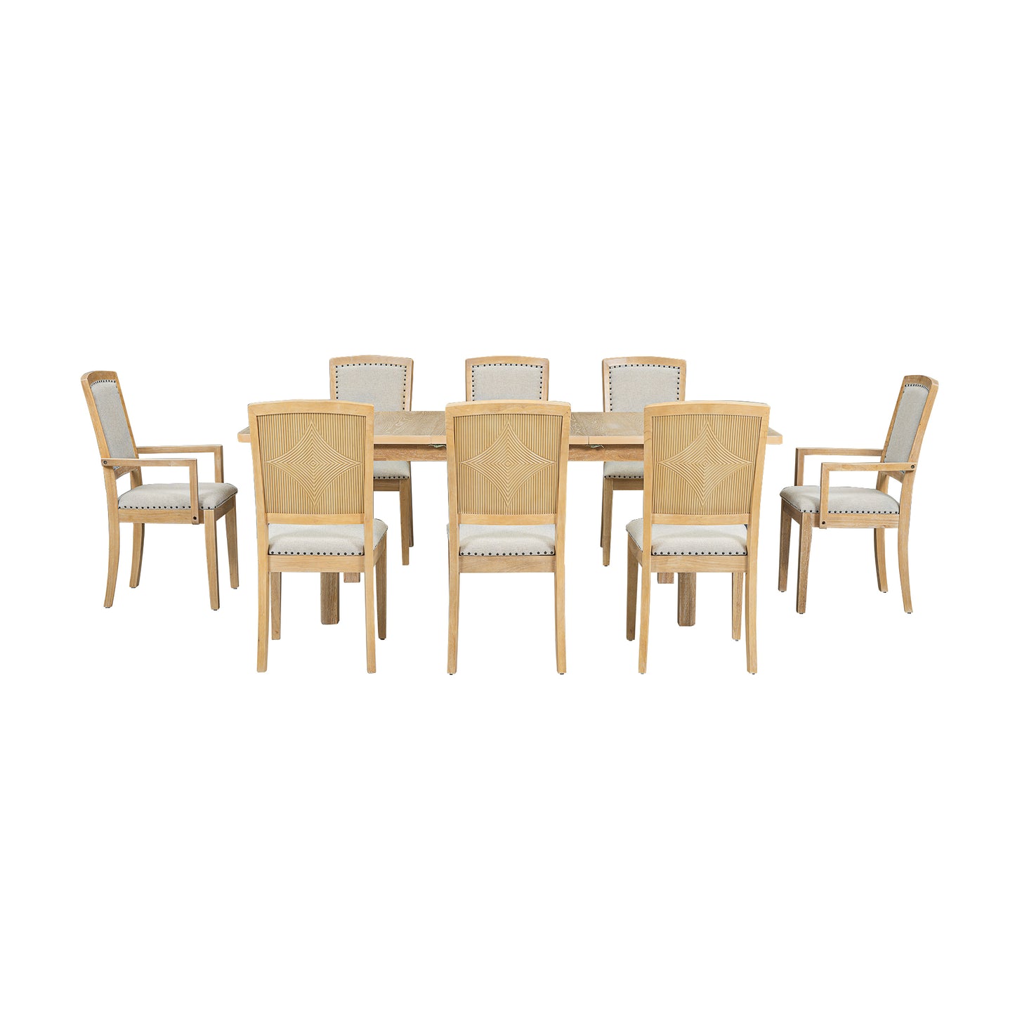 Rustic Extendable 84inch Dining Table Set with 24inch Removable Leaf , 6 Upholstered Armless Dining Chairs and 2 Padded Arm Chairs, 9 Pieces, Natural