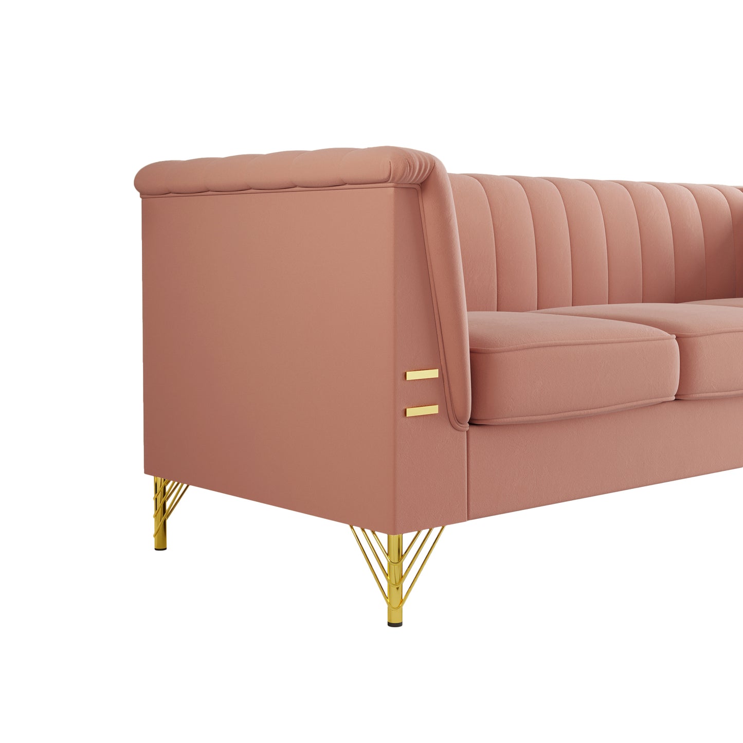 FX-P82-PK(SOFA)-Modern Designs Velvet Upholstered Living Room Sofa, 3 Seat Sofa Couch with  Golden Metal Legs for Home, Apartment or Office  Pink SOFA