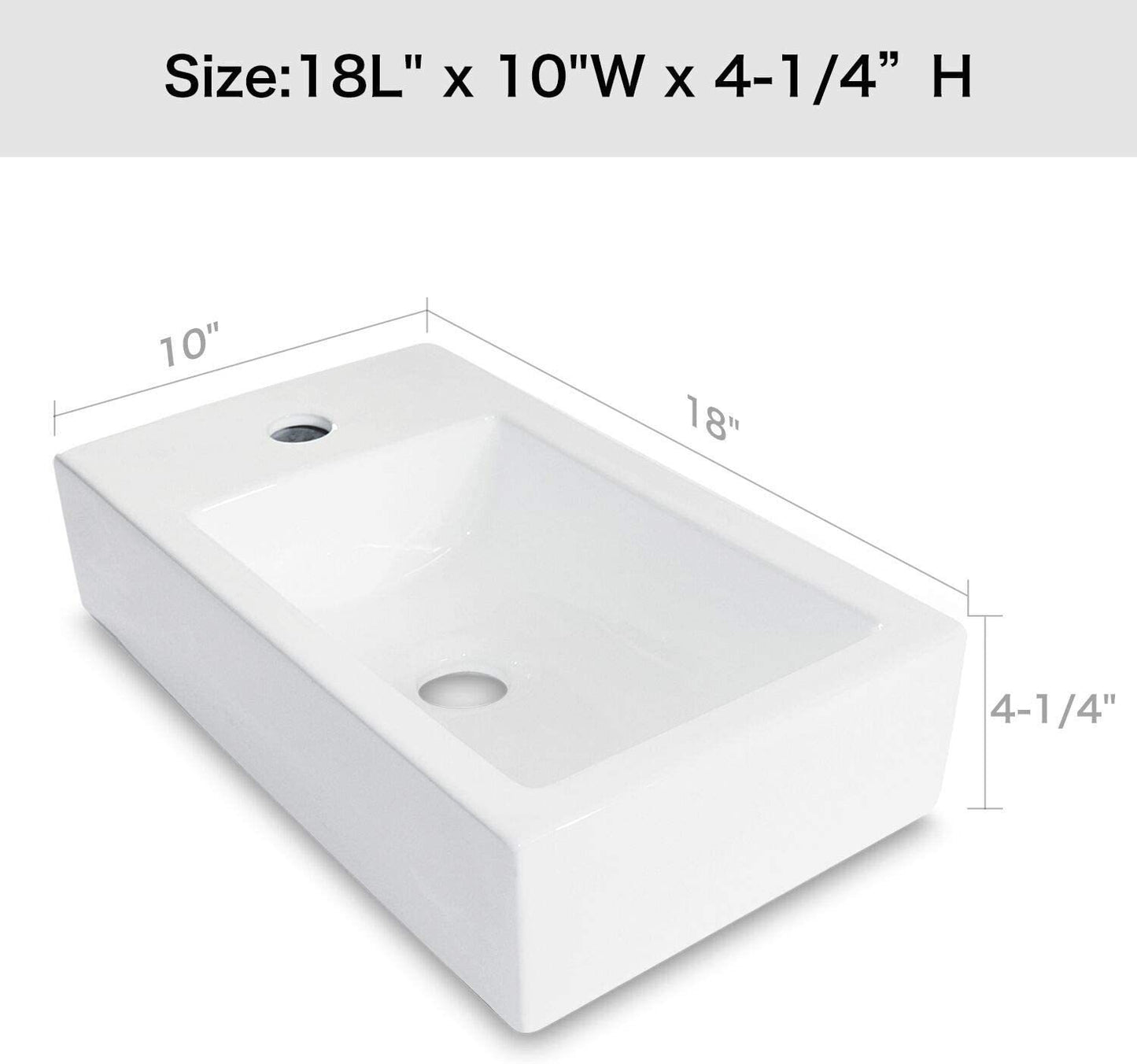 18x10 Inch White Ceramic Rectangle Wall Mount Bathroom Sink with Single Faucet Hole