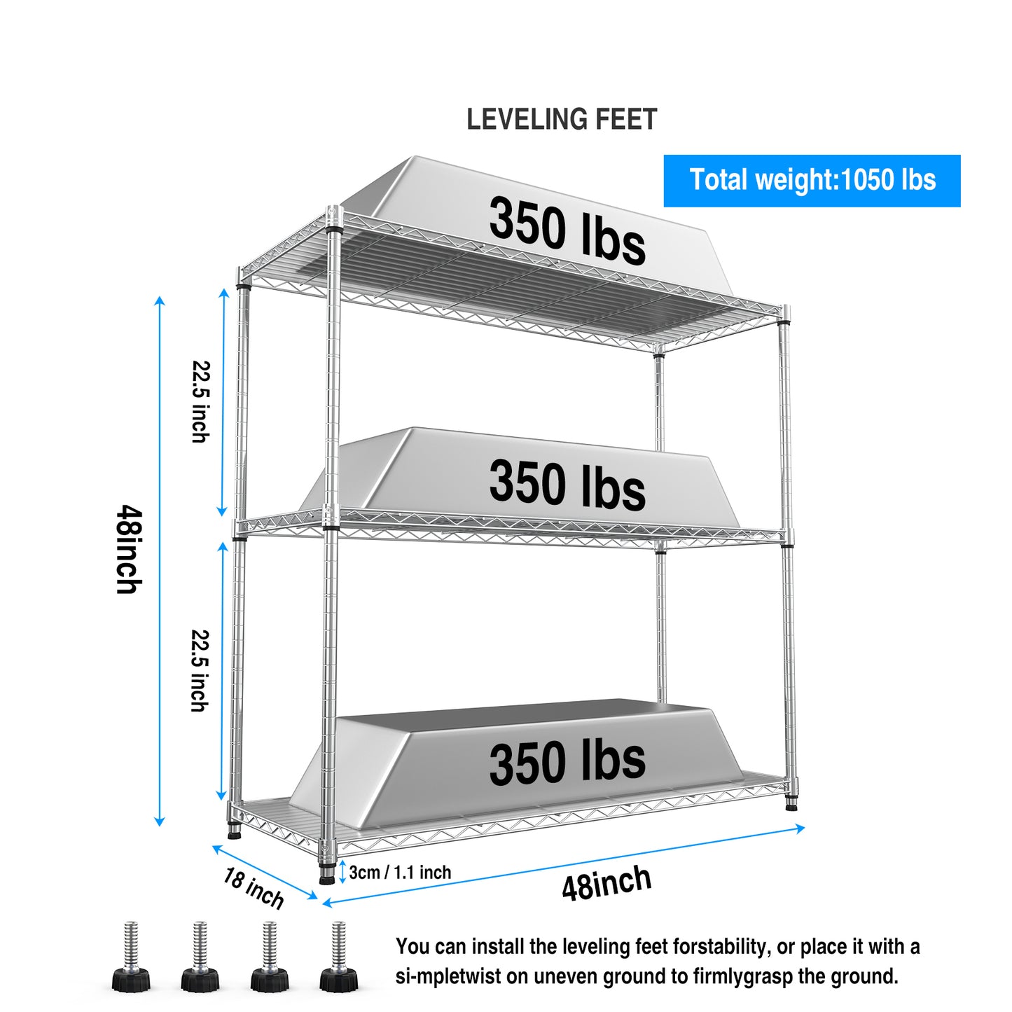 3 Tier Wire Shelving Unit, 1050 LBS NSF Height Adjustable Metal Garage Storage Shelves, Heavy Duty Storage Wire Rack Metal Shelves - Chrome