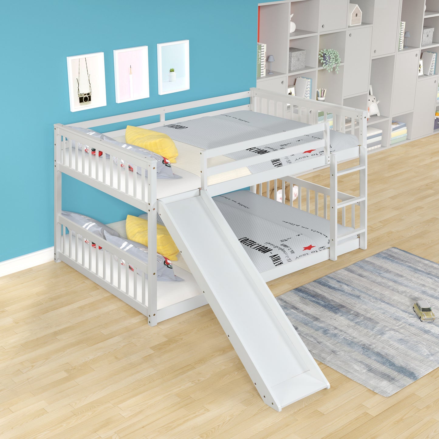 Full over Full White Bunk Bed with Slide and Ladder