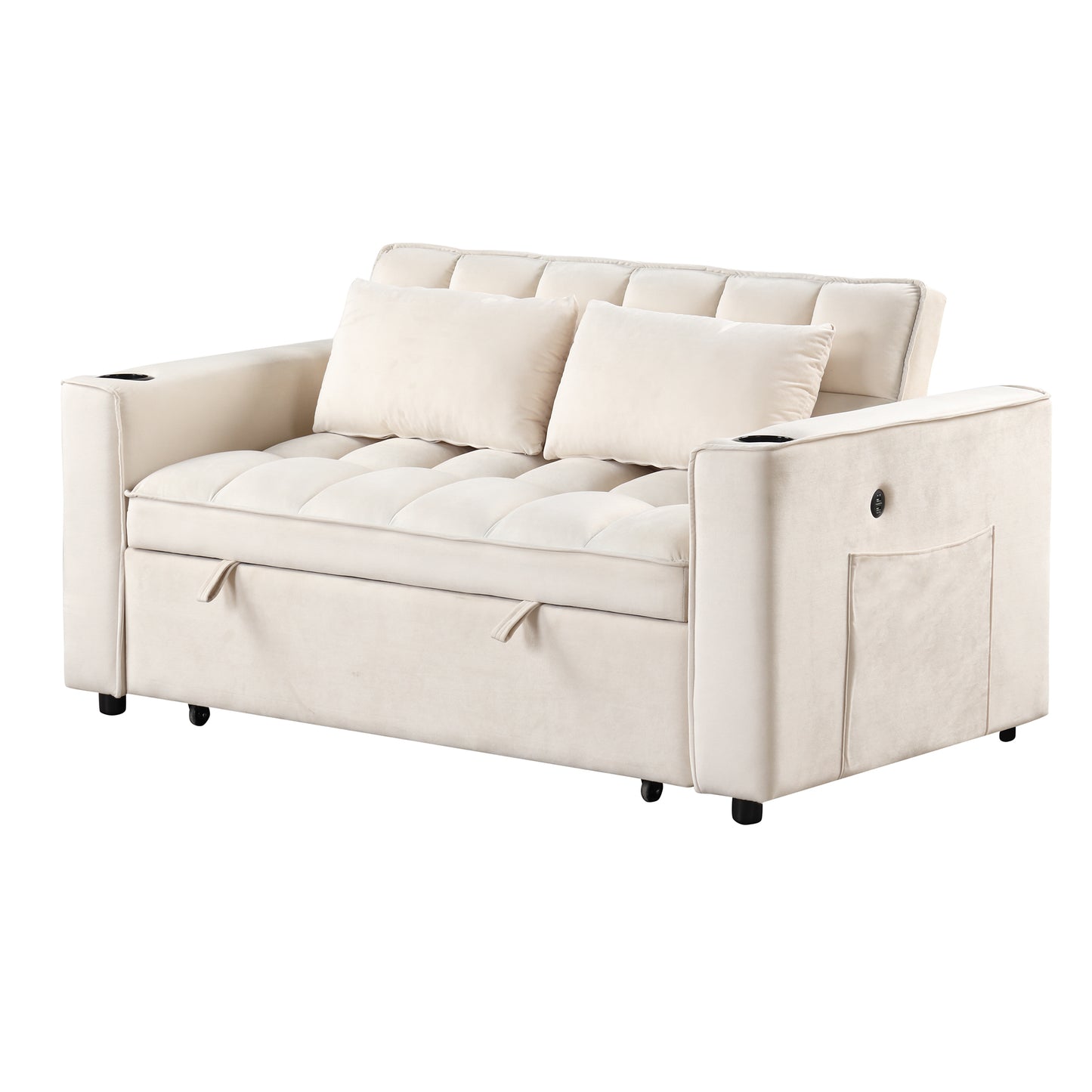 55.3 Multi-functional Sofa Bed with Cup Holder and USB Port for Living Room in Milky White