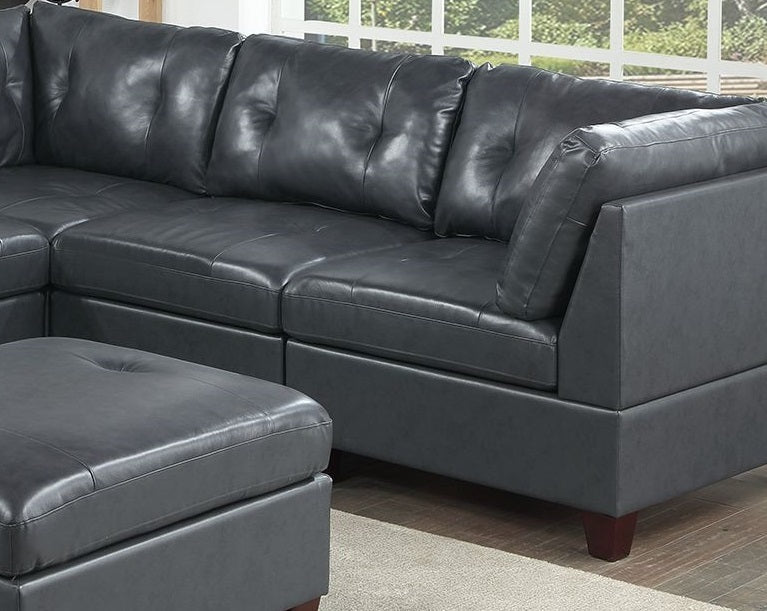 Luxurious Genuine Leather Black Tufted 6-Piece Modular Sectional Sofa Set - Contemporary Living Room Furniture