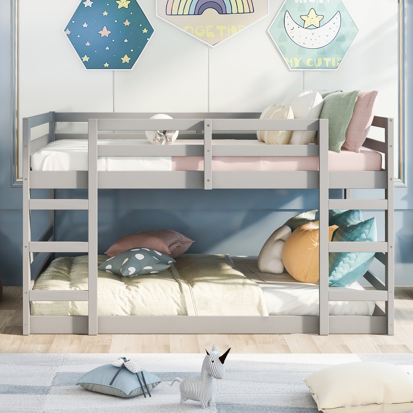 Gray Double Bunk Bed with Built-In Ladder