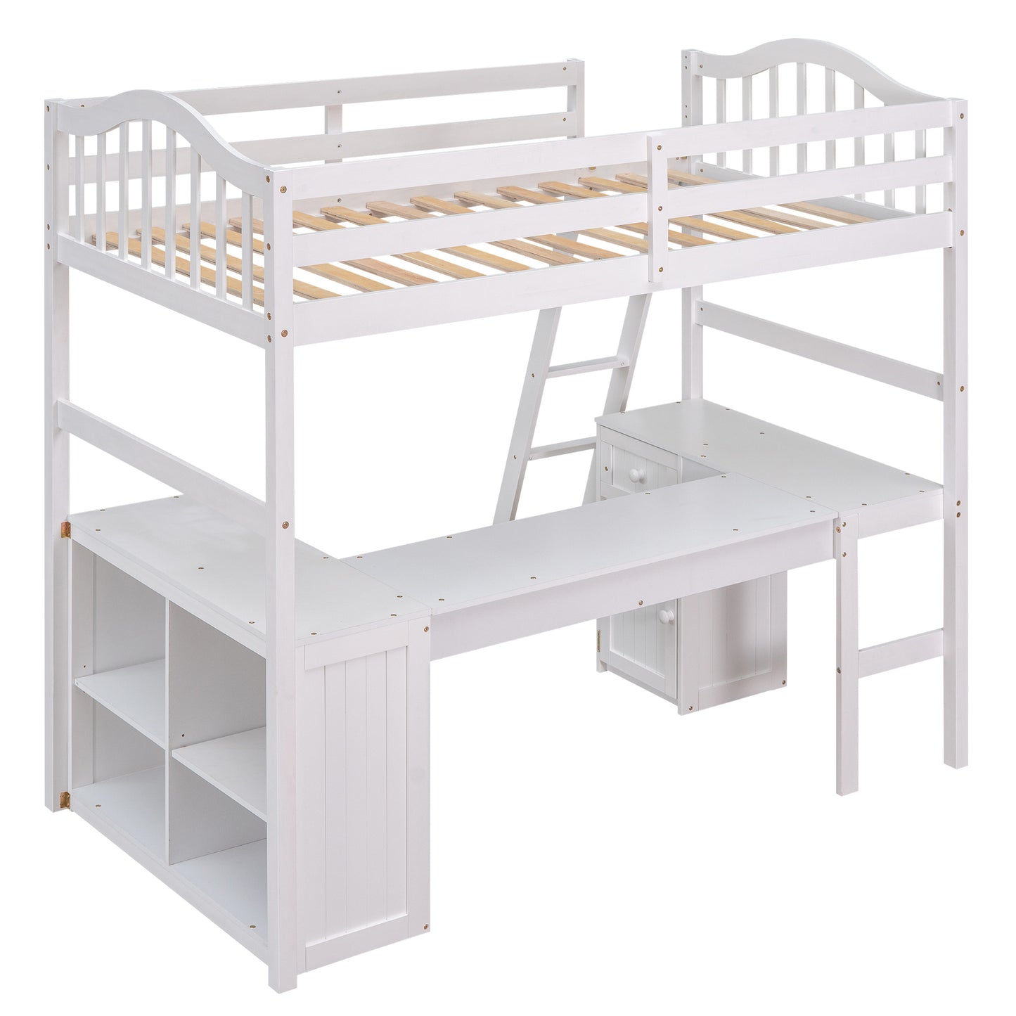 Twin size Loft Bed with Drawers, Cabinet, Shelves and Desk, Wooden Loft Bed with Desk - White( :LT000505AAK)