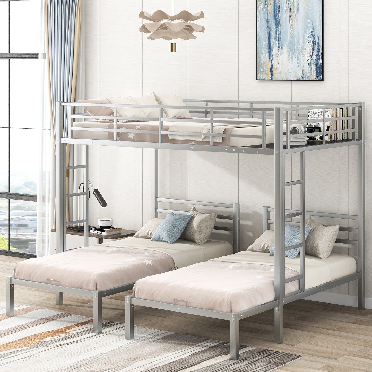 Space-Saving Silver Metal Triple Bunk Bed with Storage Shelf - Full over Twin & Twin Size