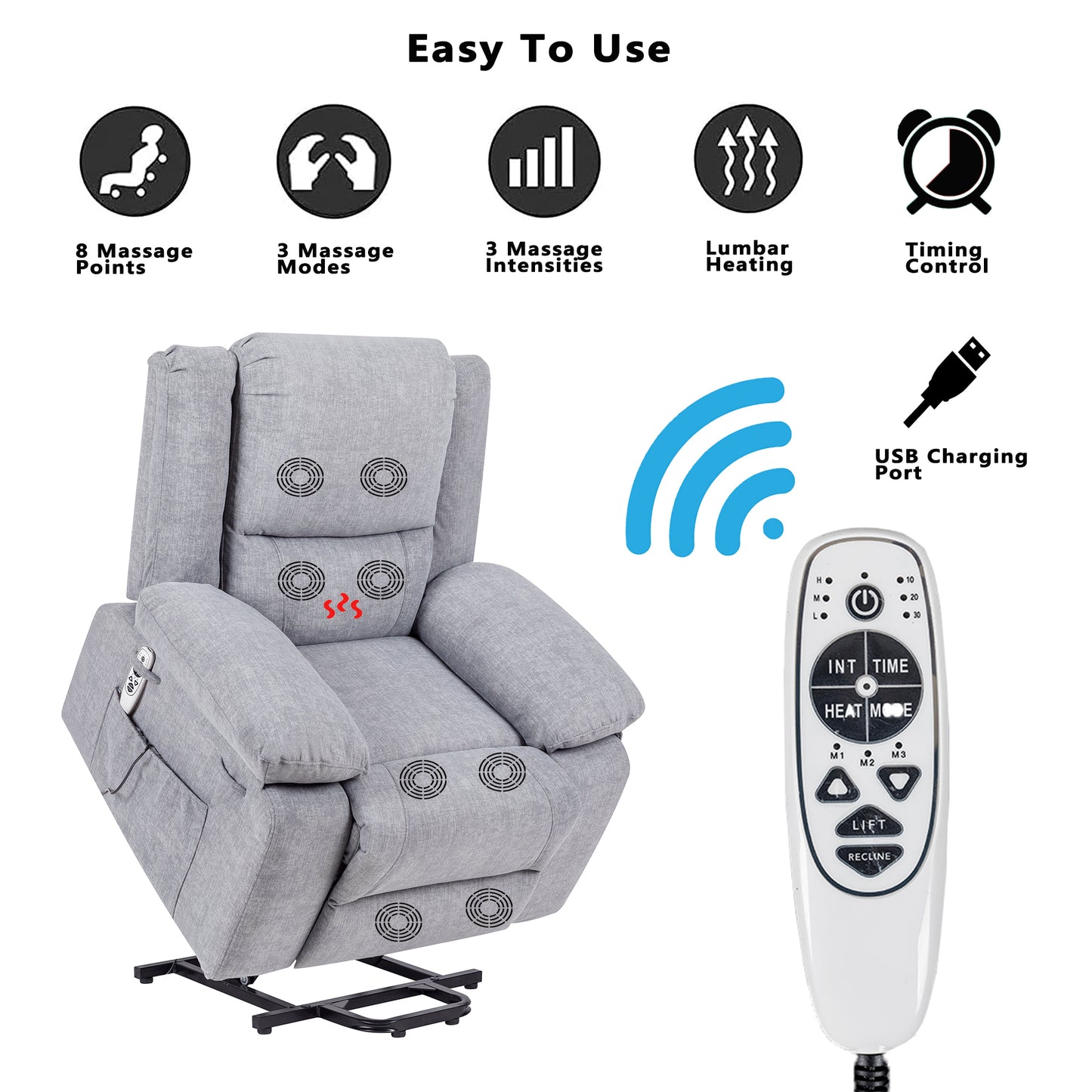 Elderly Electric Power Recliner Chair with Multi-Function Massage, Heating, and Storage - Light Grey