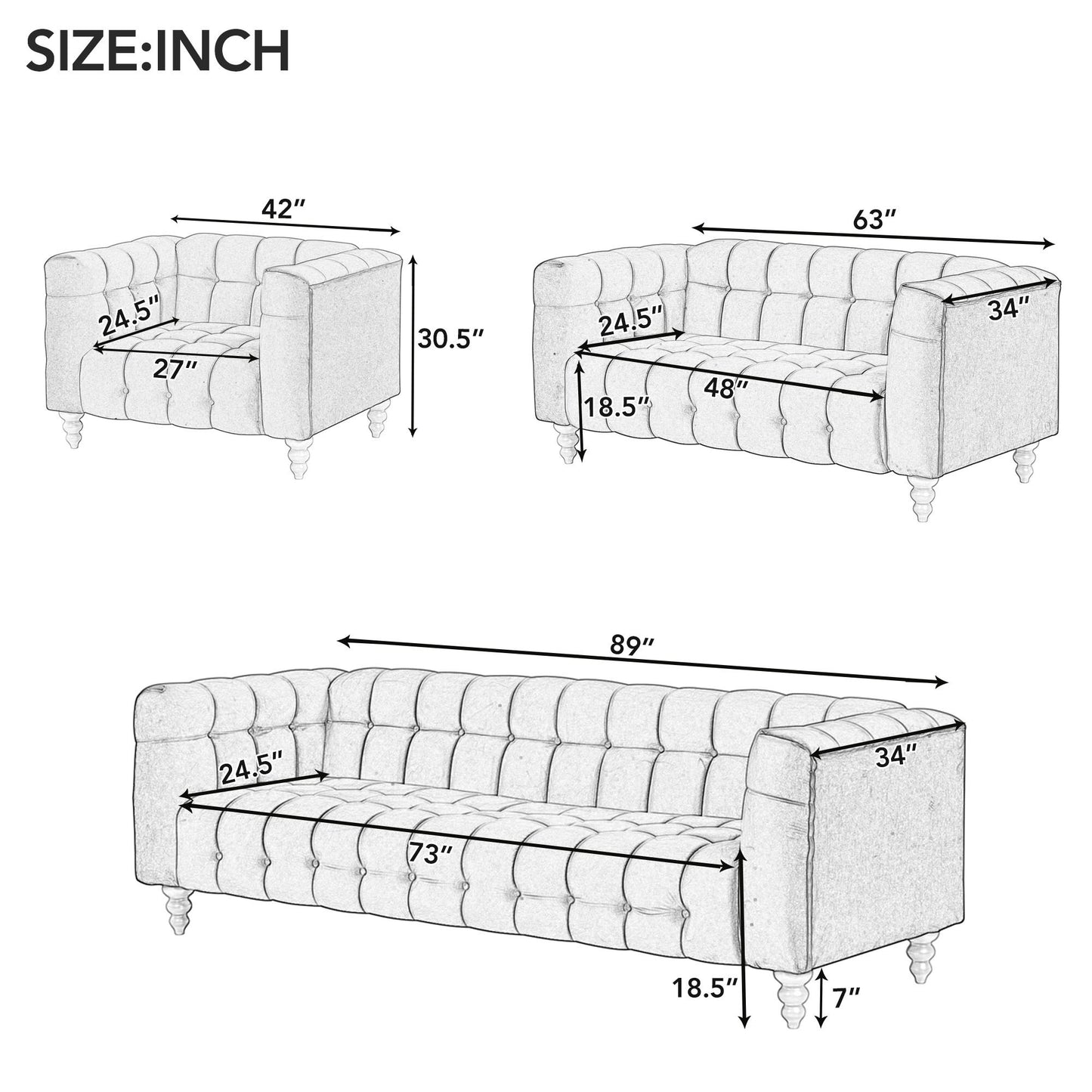 Modern 3-piece sofa set with solid wood legs, buttoned tufted backrest, Dutch fleece upholstered sofa set including three-seater sofa, double seat and living room furniture set single chair, blue