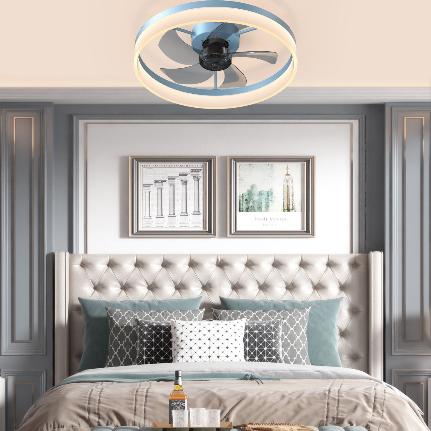 Modern Blue Ceiling Fans with Dimmable LED Lights