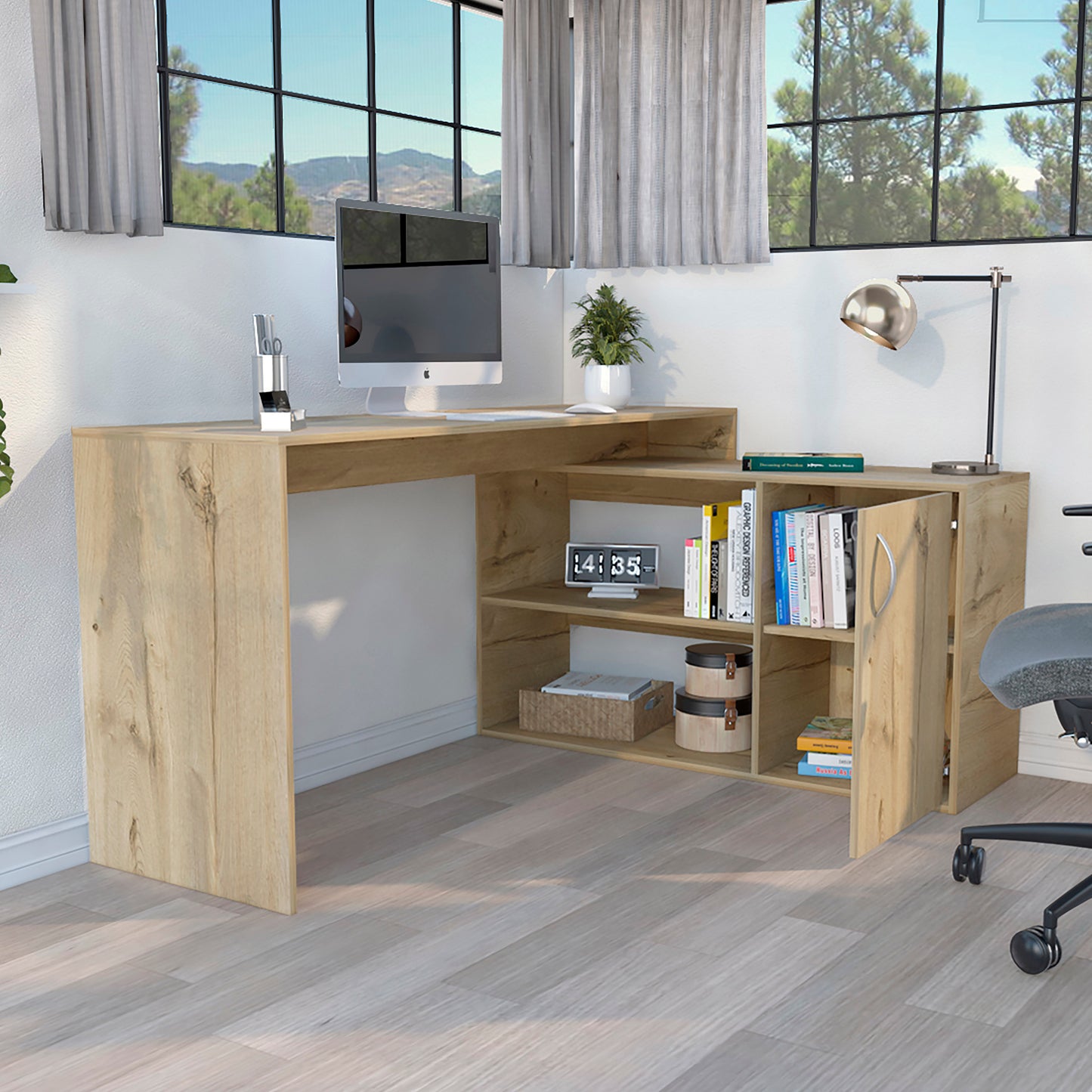 Contemporary Light Oak L-Shaped Office Desk with Spacious Storage Options