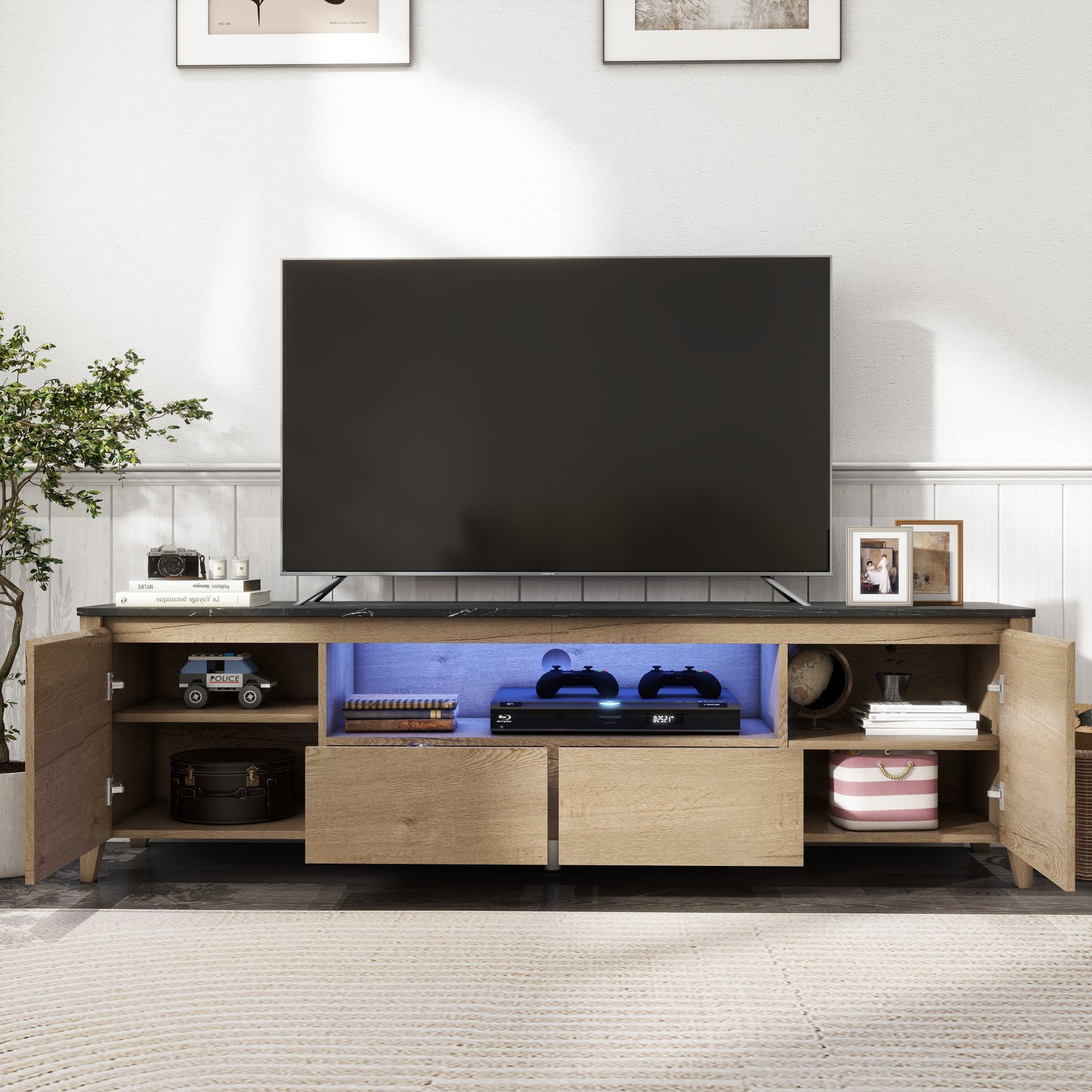 Sleek 70 TV Stand with LED Lights and Storage for 80 TVs