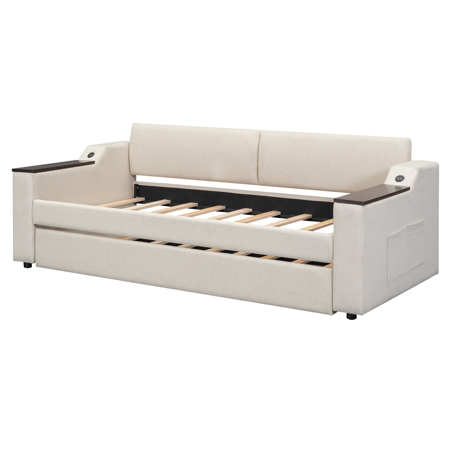 Twin Size Upholstery Daybed with Storage Arms, Trundle and USB Design, Beige