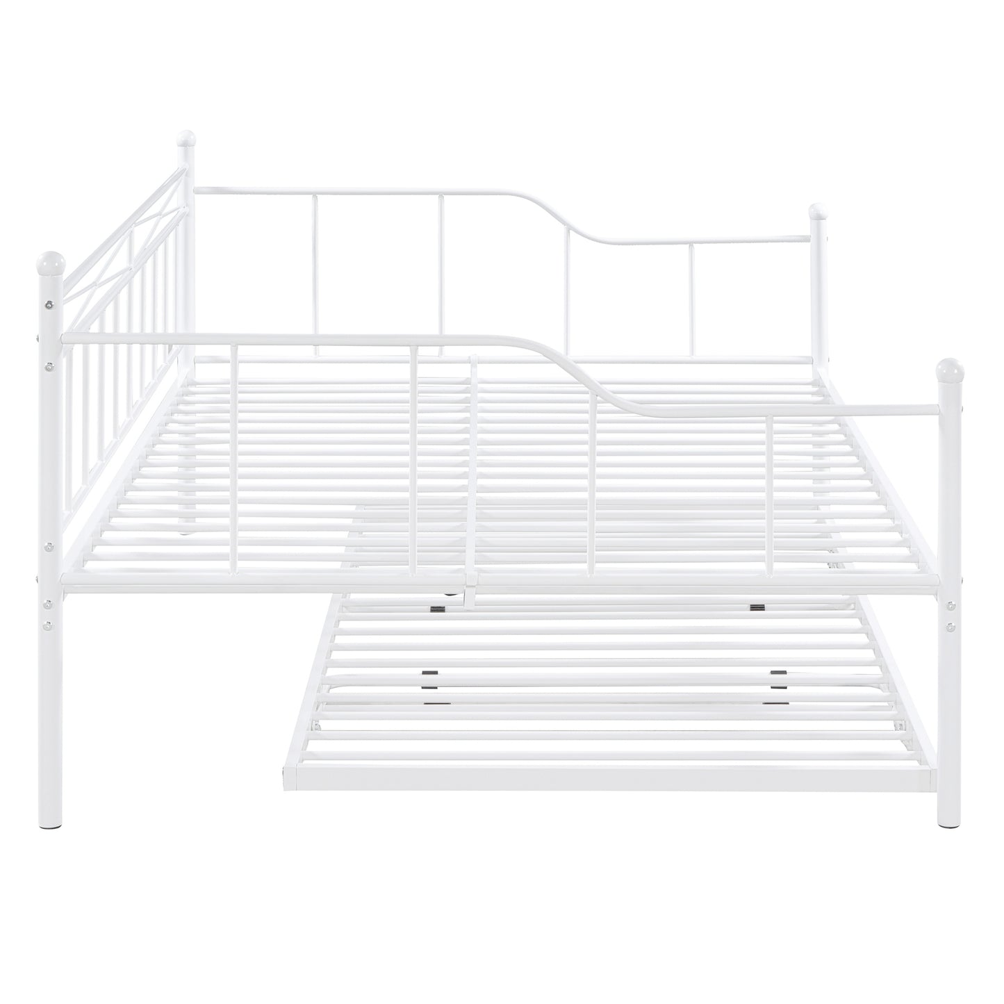 Full Size Metal Daybed with Twin Size Adjustable Trundle, Portable Folding Trundle, White