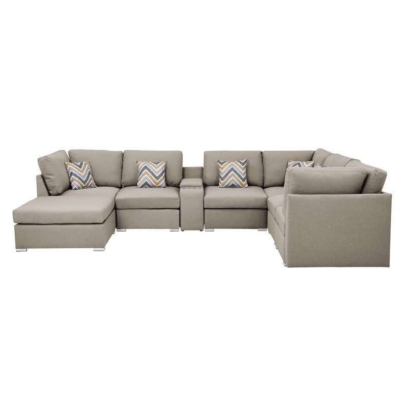 Lucy Beige Modular Sectional Sofa with USB Console and Ottoman