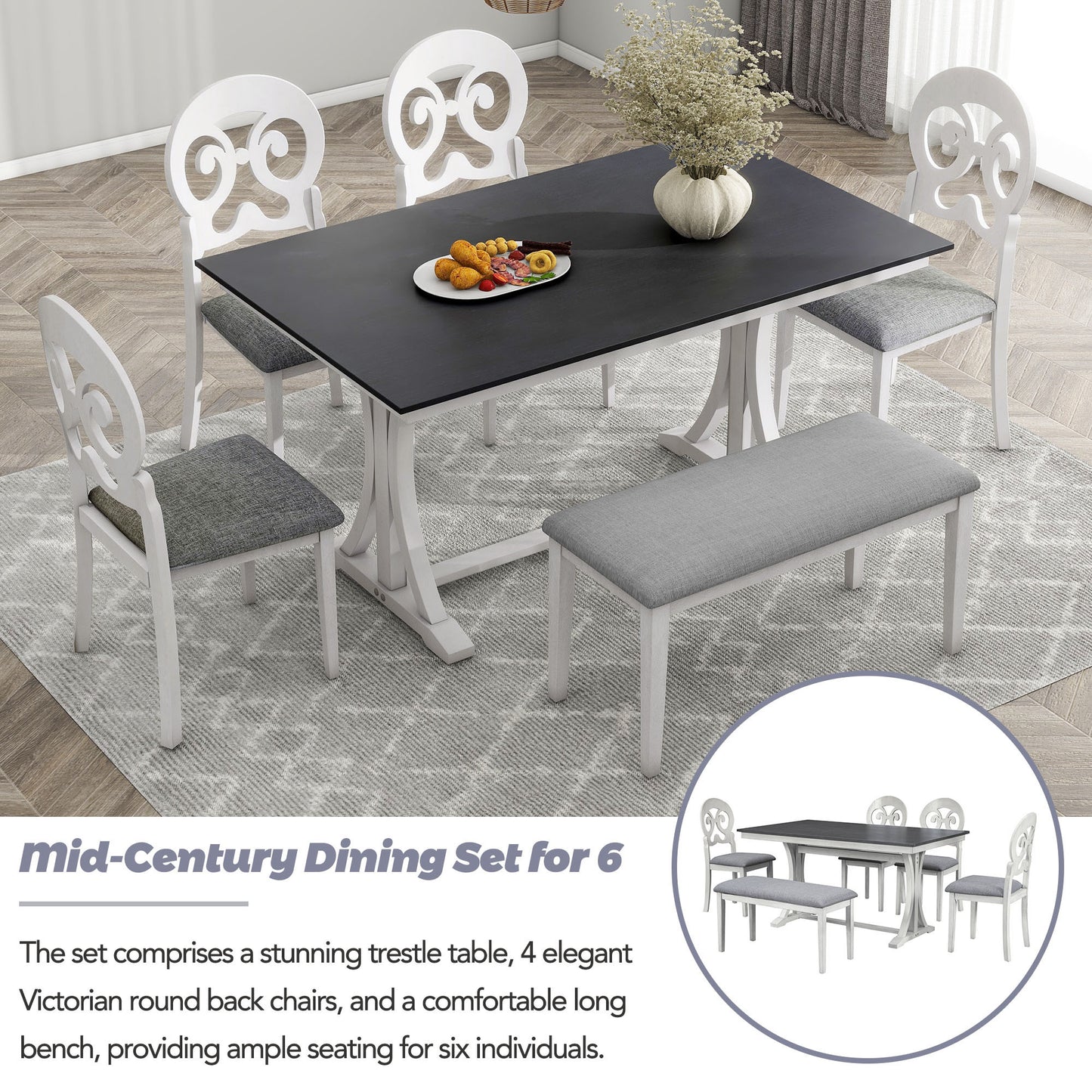 Mid-Century 6-Piece Trestle Table Set with Victorian Round Upholstered Dining Chairs and Long Bench, Gray+Antique White