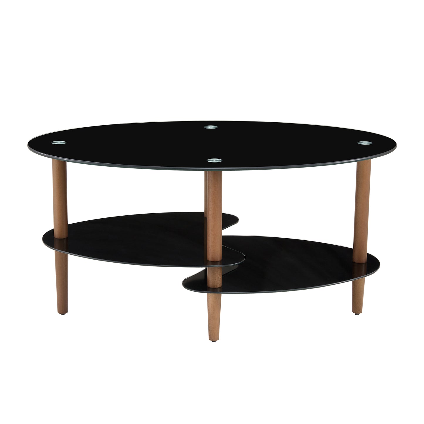 Stylish Black Oval Glass Coffee Table with Oak Wood Legs and Versatile Features