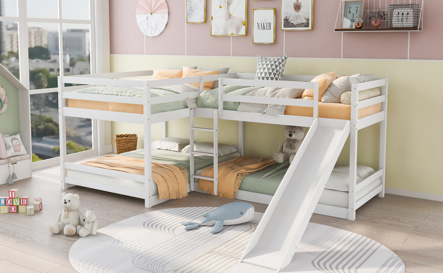 Elegant White L-Shaped Bunk Bed with Slide and Twin/Twin Configuration