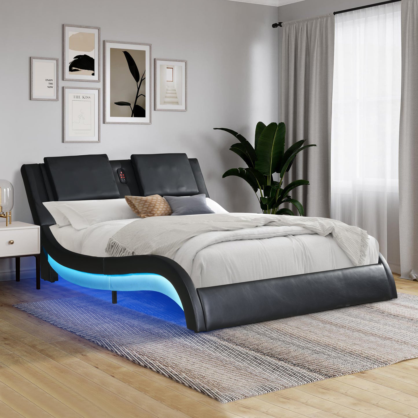 Faux Leather Upholstered Platform Bed Frame with led lighting ,Bluetooth connection to play music control,Backrest vibration massage,Curve Design, Wood Slat Support, No Box Spring Needed,Queen