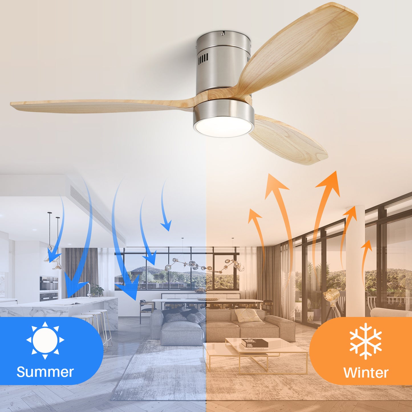 52 Inch Modern Wood Ceiling Fan with LED Lights and Remote Control