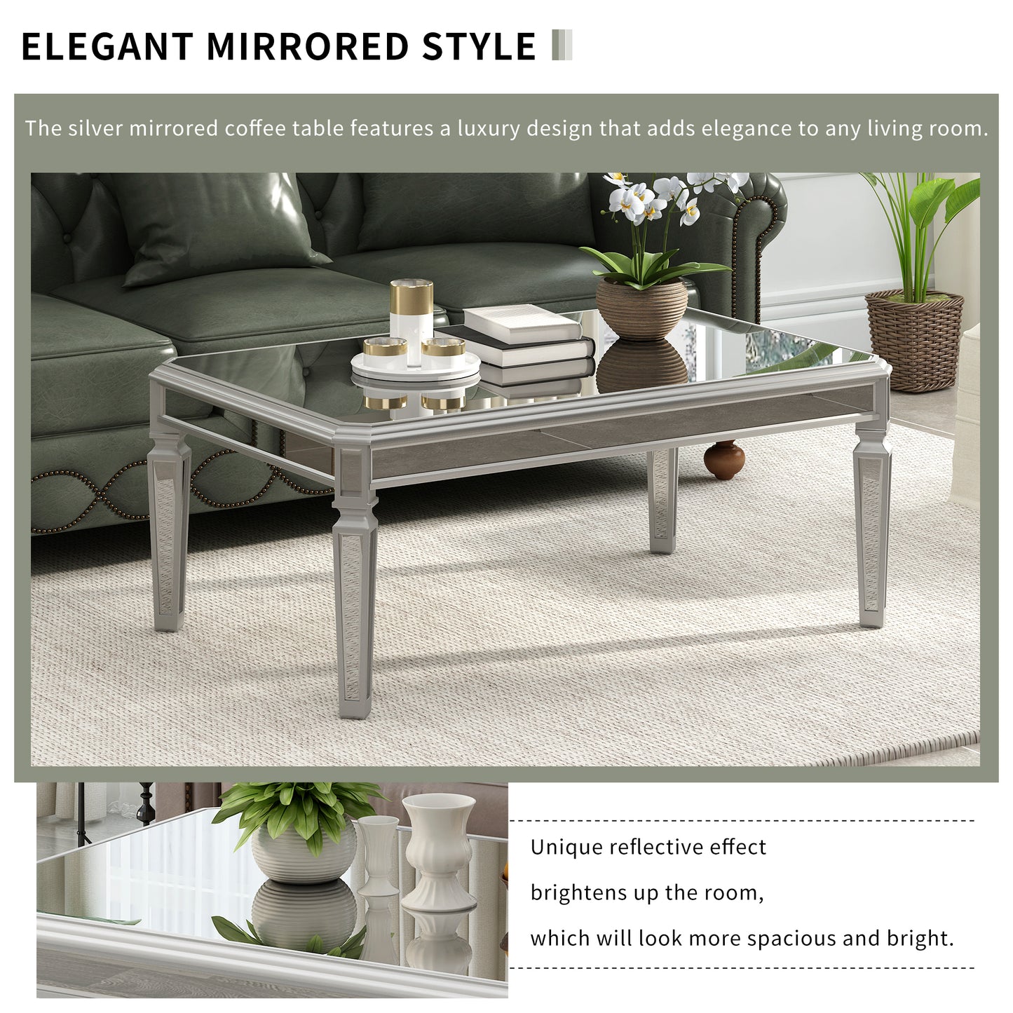 Contemporary Silver Glass Mirrored Coffee Table with Adjustable Legs